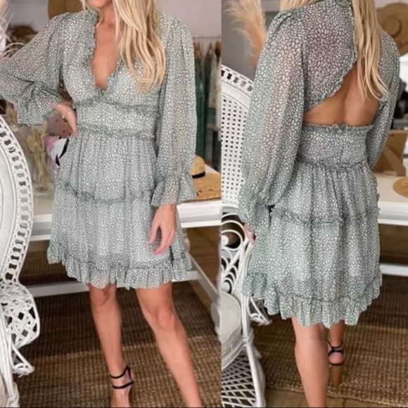 Green Chiffon Ruffle Open Back Mini Dress - Picture 2 of 5